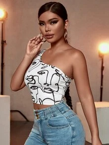 SHEIN Essnce 人像圖案單肩短款上衣 - 白色 - 查看 3