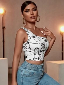 SHEIN Essnce 人像圖案單肩短款上衣 - 白色 - 查看 5