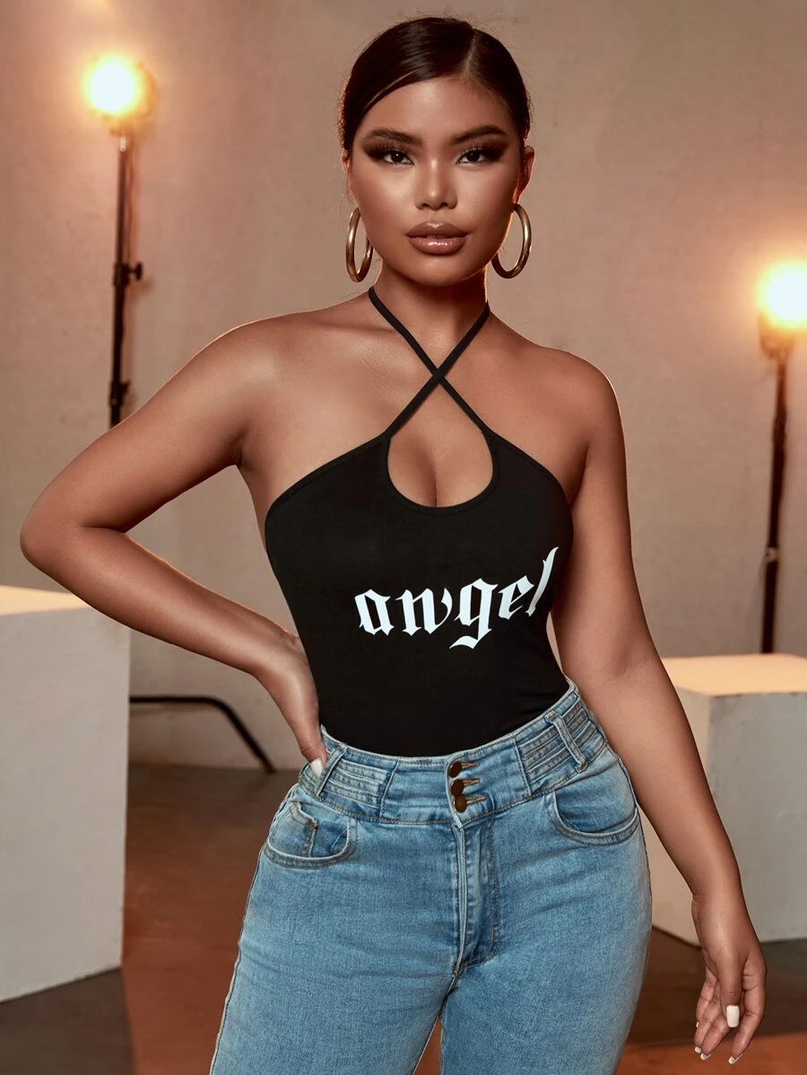 SHEIN SXY 字母圖案後背繫帶掛脖上衣