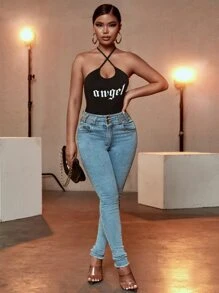 SHEIN SXY 字母圖案後背繫帶掛脖上衣