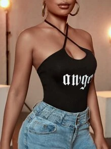 SHEIN SXY 字母圖案後背繫帶掛脖上衣