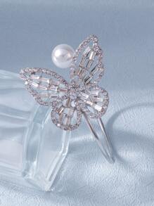 Ngọc trai Giả & Trang trí Bướm Vòng đeo tay còng - Bạc - Xem 2