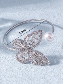 Ngọc trai Giả & Trang trí Bướm Vòng đeo tay còng - Bạc - Xem 3