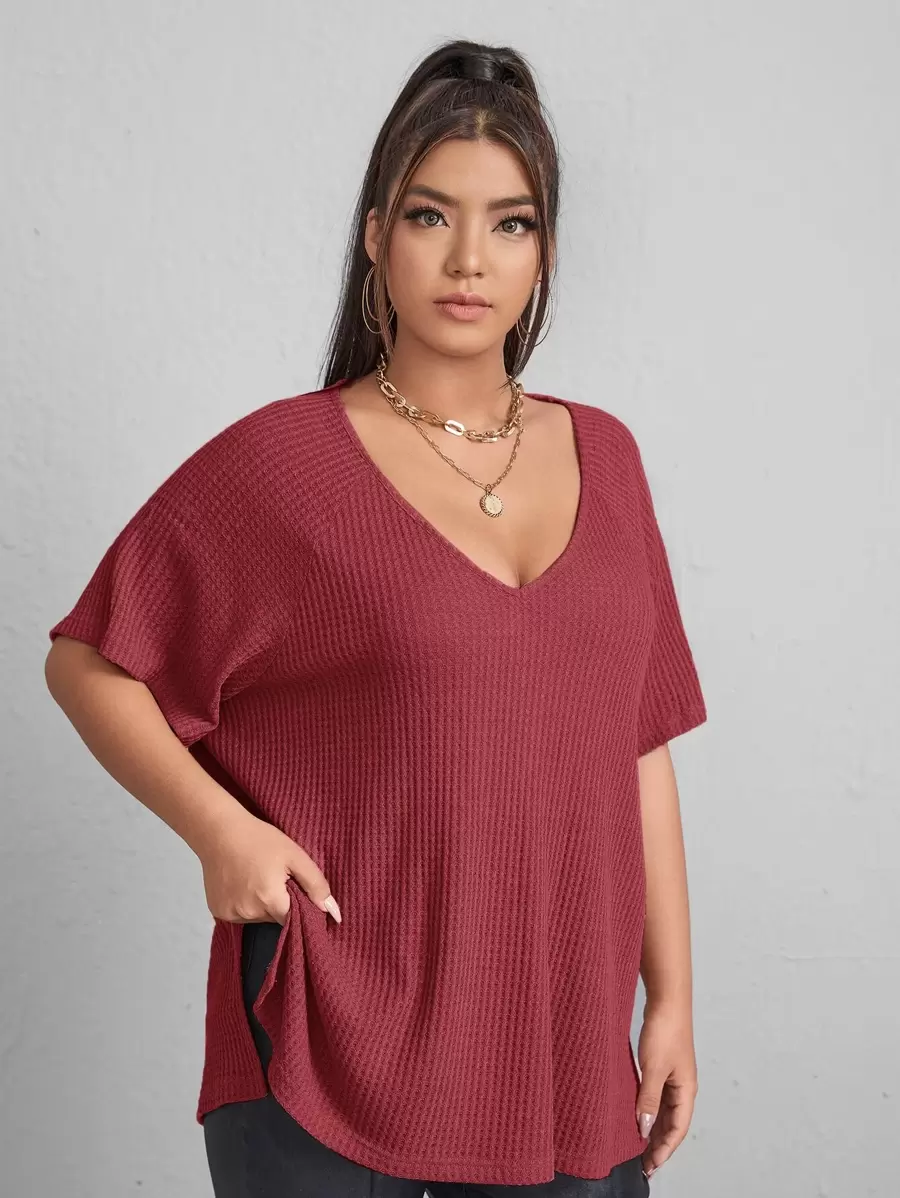 SHEIN Essnce Áo thun Plus size màu trơn Giải trí - Gỗ đỏ - Xem 1