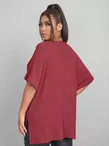 SHEIN Essnce 大碼華夫格編織開叉前短後長T恤 - 紅木色 - 查看 2
