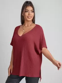 SHEIN Essnce 大碼華夫格編織開叉前短後長T恤 - 紅木色 - 查看 4