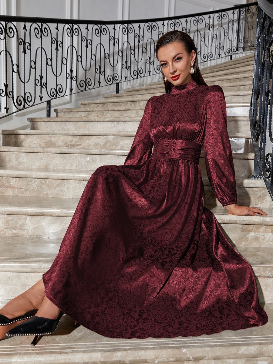 Modelyn Burgundy Red Floral Jacquard Mock Neck Ruched Satin Formal Dress - Burgundy - View 1