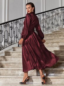 Modelyn Burgundy Red Floral Jacquard Mock Neck Ruched Satin Formal Dress - Burgundy - View 2