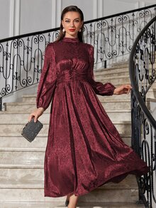 Modelyn Burgundy Red Floral Jacquard Mock Neck Ruched Satin Formal Dress - Burgundy - View 3