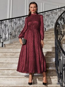 Modelyn Burgundy Red Floral Jacquard Mock Neck Ruched Satin Formal Dress - Burgundy - View 4