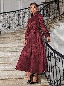 Modelyn Burgundy Red Floral Jacquard Mock Neck Ruched Satin Formal Dress - Burgundy - View 5
