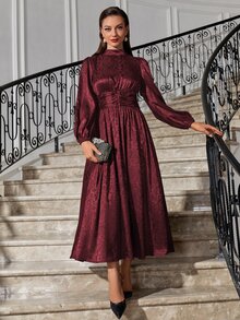 Modelyn Burgundy Red Floral Jacquard Mock Neck Ruched Satin Formal Dress - Burgundy - View 6
