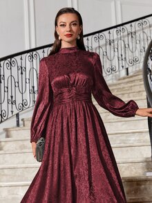 Modelyn Burgundy Red Floral Jacquard Mock Neck Ruched Satin Formal Dress - Burgundy - View 7