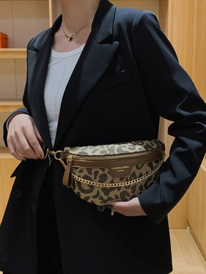 Millennial Vintage Chain Decor Houndstooth & Leopard Print Shoulder & Waist Bag, Leopard Print Bag, Animal Print Women Bag