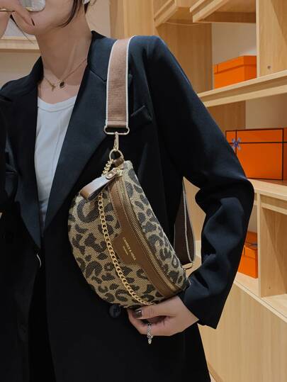 Millennial Vintage Chain Decor Houndstooth & Leopard Print Shoulder & Waist Bag, Leopard Print Bag, Animal Print Women Bag