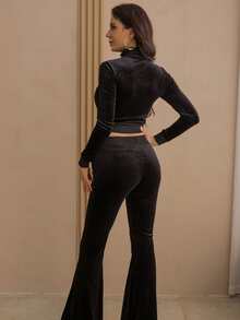 Bộ đồ hai mảnh nữ Dây kéo màu trơn Giải trí - màu đen - Xem 3