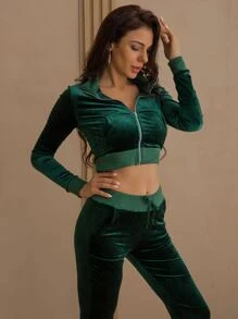 Kangaroo Pocket Jacket & Tie Waist Trousers Set - Dark Green - View 3