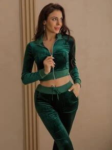 Kangaroo Pocket Jacket & Tie Waist Trousers Set - Dark Green - View 7