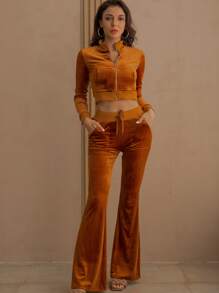 袋鼠口袋夾克和腰部打結長褲套裝 - 棕色 - 查看 1