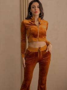 袋鼠口袋夾克和腰部打結長褲套裝 - 棕色 - 查看 3