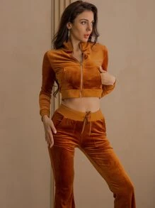 袋鼠口袋夾克和腰部打結長褲套裝 - 棕色 - 查看 4