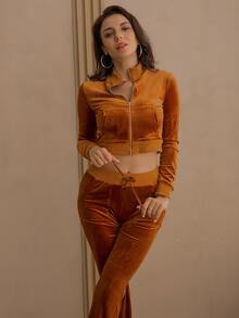 袋鼠口袋夾克和腰部打結長褲套裝 - 棕色 - 查看 5