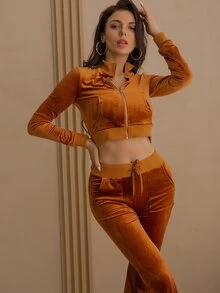 袋鼠口袋夾克和腰部打結長褲套裝 - 棕色 - 查看 6