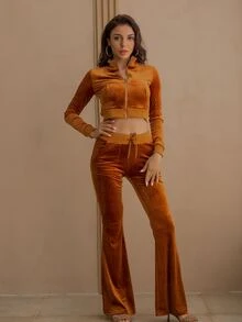 袋鼠口袋夾克和腰部打結長褲套裝 - 棕色 - 查看 7