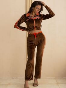 Letter Graphic Velvet Jacket & Pants Set