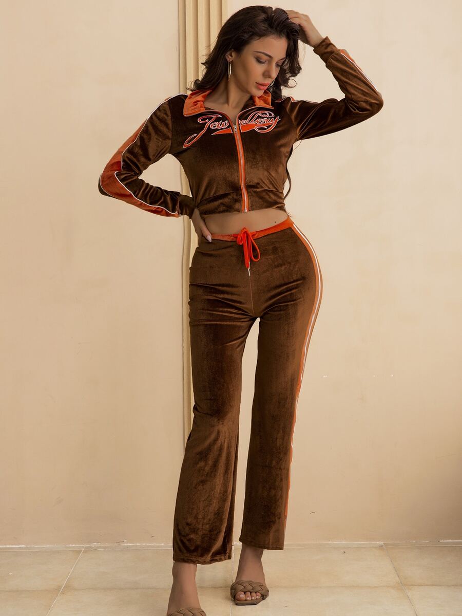 Letter Graphic Velvet Jacket & Pants Set