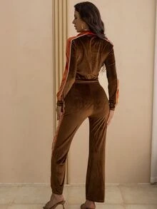 Letter Graphic Velvet Jacket & Pants Set