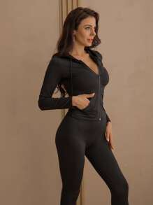 Bộ đồ hai mảnh nữ Dây kéo Túi màu trơn Giải trí - màu đen - Xem 5