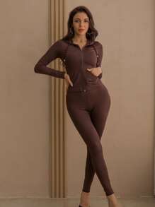 Drawstring Kangaroo Pocket Zipper Up Placket Hooded Sweatshirt & Leggings Sweat Suit - Coffee Brown - View 3