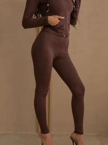 Drawstring Kangaroo Pocket Zipper Up Placket Hooded Sweatshirt & Leggings Sweat Suit - Coffee Brown - View 4