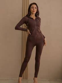 Drawstring Kangaroo Pocket Zipper Up Placket Hooded Sweatshirt & Leggings Sweat Suit - Coffee Brown - View 5