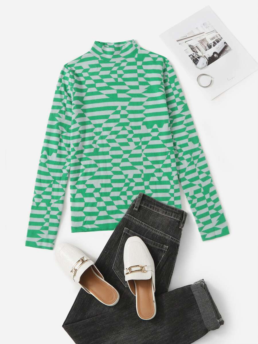 SHEIN Unity Áo len nữ Hình học Tất cả trên in Giải trí - màu xanh lá - Xem 1