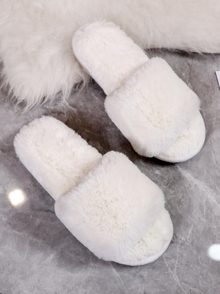Pantuflas de mujer de moda para otoño/invierno de color blanco sólido con diseño minimalista y borroso, pantuflas esponjosas - Blanco - Añade 2