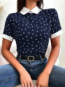 Mulvari Heart Confetti Dot Contrast Binding  Blouse - Navy Blue - View 1