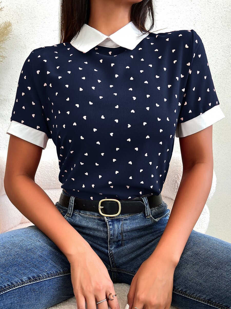 Mulvari Heart Confetti Dot Contrast Binding Blouse - Navy Blue - View 1