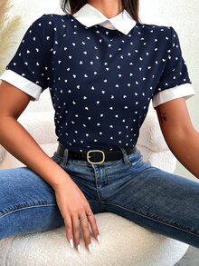 Mulvari Heart Confetti Dot Contrast Binding  Blouse - Navy Blue - View 3