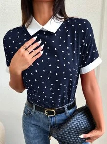 Mulvari Heart Confetti Dot Contrast Binding  Blouse - Navy Blue - View 4