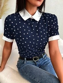 Mulvari Heart Confetti Dot Contrast Binding  Blouse - Navy Blue - View 5