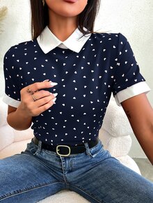 Mulvari Heart Confetti Dot Contrast Binding  Blouse - Navy Blue - View 6