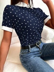 Mulvari Heart Confetti Dot Contrast Binding  Blouse - Navy Blue - View 7