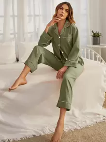 LuxeNights 撞色包边纽扣睡衣套装/秋冬睡衣 - 橄欖綠 - 查看 1