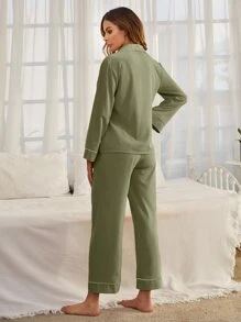 LuxeNights 撞色包边纽扣睡衣套装/秋冬睡衣 - 橄欖綠 - 查看 2