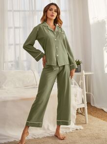 LuxeNights 撞色包边纽扣睡衣套装/秋冬睡衣 - 橄欖綠 - 查看 4