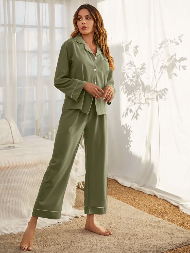 LuxeNights 撞色包边纽扣睡衣套装/秋冬睡衣 - 橄欖綠 - 查看 5