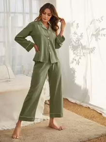 LuxeNights 撞色包边纽扣睡衣套装/秋冬睡衣 - 橄欖綠 - 查看 6