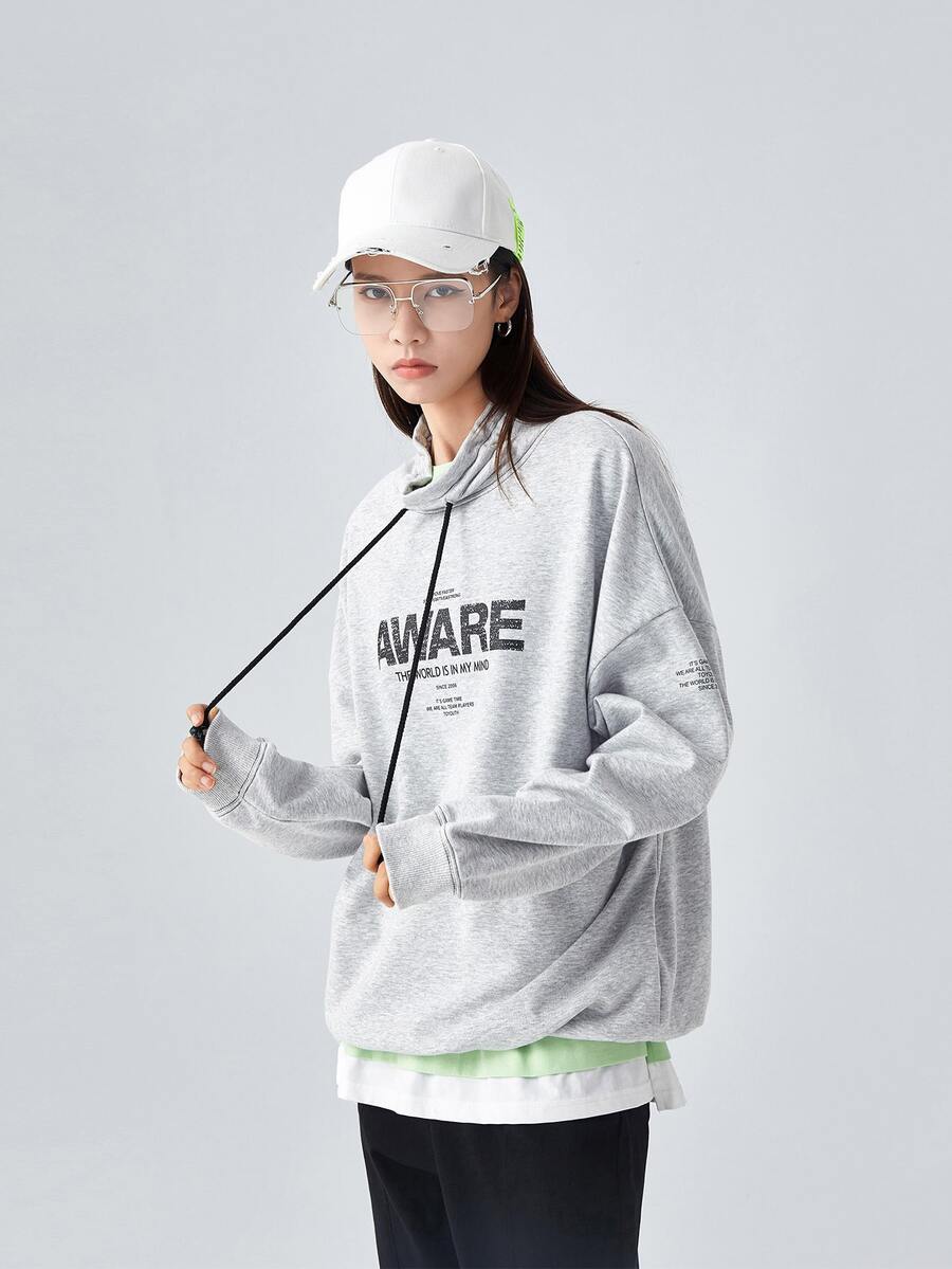Hoodie lớn Đồ họa Chữ cái Dây rút - Màu Xám nhạt - Xem 1